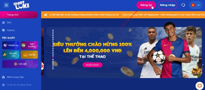 Sau khi truy cập Happyluke thành công, người chơi nhấp vào nút Đăng ký/ sign up